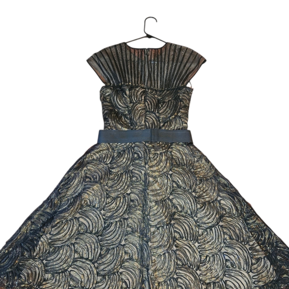 Tadashi Shoji Floral Black Gold Midi Cocktail Dress Size 6 - Picture 3 of 13